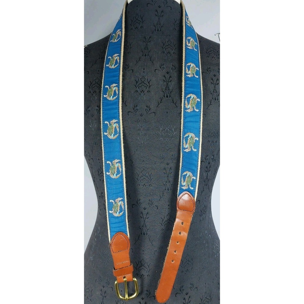 Leather Man Ltd Brown Leather Belt Blue Crab Ribbon Brass Buckle Mens 46 USA